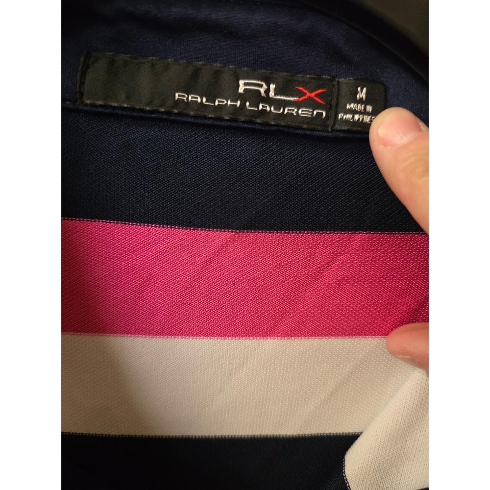 RLX Ralph Lauren Mens Striped Polo Shirt Pink Navy Blue White Performance M - Picture 3 of 5